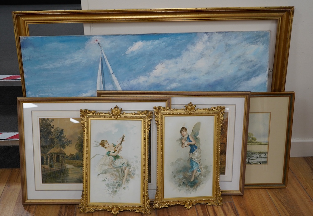 § Paul Thurston (British, 20th century), oil on board, Study of a yacht, a pair of lithographs of butterfly girls, monogrammed VM and three signed watercolours, largest 65 x 97cm. Condition - fair to good, Thurston paint